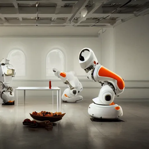 Image similar to three large white glossy kuka industrial robot having a dinner party inside a fancy dining room with retro modern furniture and decor, global illumination, artstation, fantasy, volumetric light