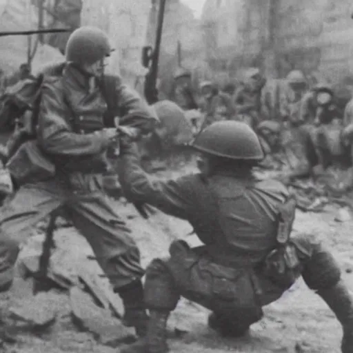 Prompt: pokemon fighting at world war 2, wartime footage, world war pokemon, grainy footage