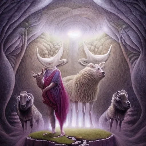 Image similar to an anthromorphic wolf dressed like a sheppard with 2 sheep in a zen garden with a waterfall under the blood moon, by Adi granov and afarin sajedi and amanda sage and evgeni gordiets and Agostino Arrivabene and adonna khare in a psychedelic portrait style, ultrarealistic matte painting, volumetric lighting, fractal, extremely symmetrical, highly detailed face, orisha, 8k, hd