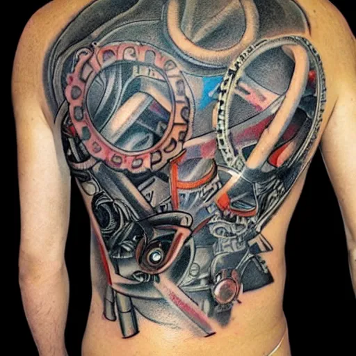 Image similar to backside on the shoulders is a tattoo of a hole in the skin with multicolored robotic mechanics and belts gears and motorparts inside under the skin, insanely integrate, 3 d