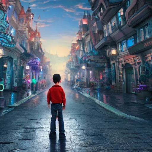 Image similar to the back of a boy standing in the streets of a fantastical fantasy city, extremely detailed and photorealistic, 8k