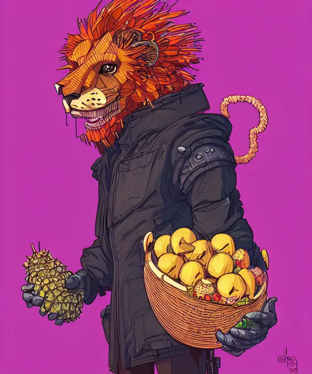 Image similar to a portrait of an anthropomorphic cyberpunk lion holding a fruit basket, fantasy, elegant, digital painting, artstation, concept art, matte, sharp focus, illustration, art by josan gonzalez