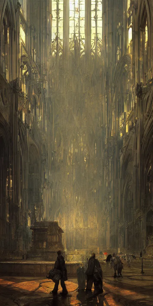 Prompt: sunlit vista, dieselpunk gothic cathedral, painted by ruan jia, petrol oil, lawrence alma tadema, zdzislaw beksinski, norman rockwell, jack kirby, tom lovell, alex malveda, greg staples, hand of fear, bbc, tv