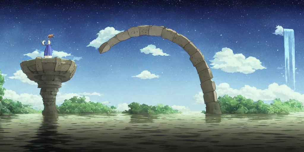 Image similar to a cell - shaded studio ghibli concept art study of a roach arch time portal in the air over a flooded desert on a misty starry night. a waterfall is flowing out of the portal. very dull colors, hd, 4 k, hq