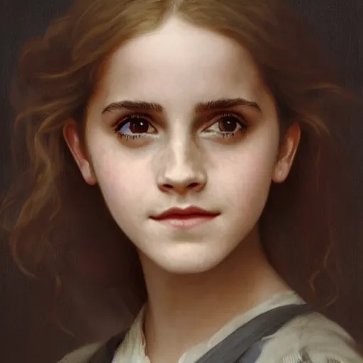 Image similar to Painting of Emma Watson as Hermione Granger. Young. Smiling. Happy. Cheerful. Prisoner of Azkaban. Art by william adolphe bouguereau. Very very very very very very very very very very very very much detailed. Beautiful. 4K. Award winning.