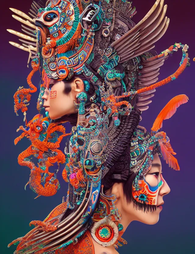 Image similar to 3 d goddess close - up profile portrait aztec with ram skull. beautiful intricately detailed japanese crow kitsune mask and clasical japanese kimono. betta fish, jellyfish phoenix, bio luminescent, plasma, ice, water, wind, creature, artwork by tooth wu and wlop and beeple and greg rutkowski