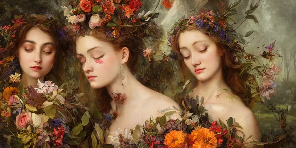 Image similar to breathtaking detailed concept art painting blend of two goddess of autumn by volegov with anxious piercing eyes, vintage illustration pattern with bizarre compositions blend of flowers and fruits and birds by beto val and john james audubon, exquisite detail, extremely moody lighting, 8 k