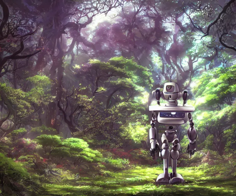 Image similar to robot in a forest, anime fantasy illustration by tomoyuki yamasaki, kyoto studio, madhouse, ufotable, comixwave films, trending on artstation