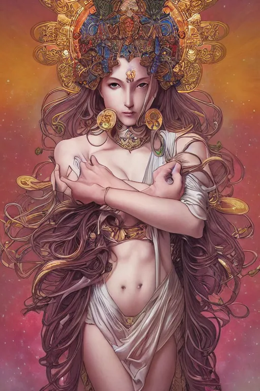 Image similar to the goddess of transcendence, by artgerm and yoshitaka amano and moebius and alphonse mucha, hyperdetailed, dc comics, ornate, nebula, explosions in the sky, trending on artstation