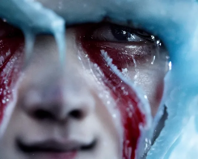 Image similar to extreme close - up eyes crying tears made of ice justin sun as night king in game of thrones, stunning tears made of ice, crimson - black bee army behind, 4 k, epic, cinematic, focus, movie still, fantasy, extreme detail, atmospheric, dark colour, sharp focus