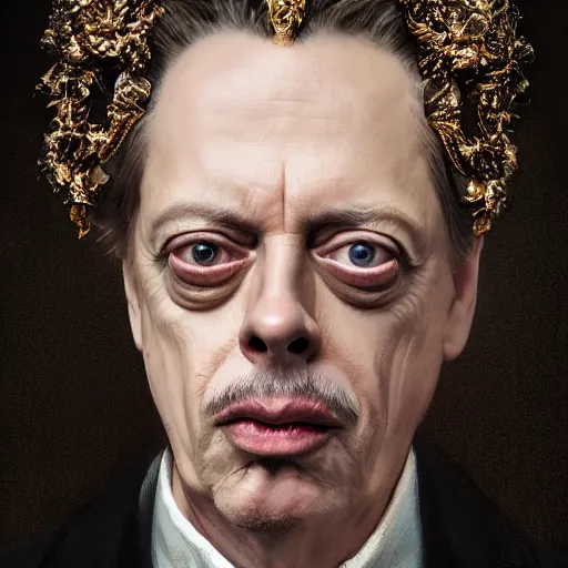 Prompt: 8 5 mm f 1. 8 portrait of steve buscemi wearing an ornate costume by iris van herpen, highly detailed, digital painting, artstation, smooth, sharp foccus, commercial photography, fashion shoot