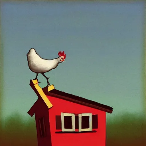 Image similar to Baba Yaga's chicken leg house stuck in traffic, painted in the style of René Magritte.