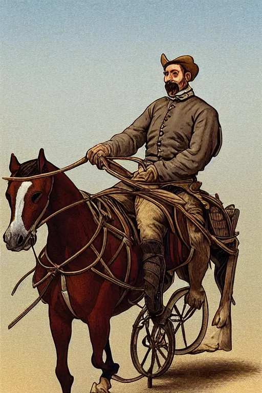 Prompt: a man riding a horse with wheels wagon!!!!!!!!!!!!!! by chris mcgrath and greg rutowski, muted colors, detailed