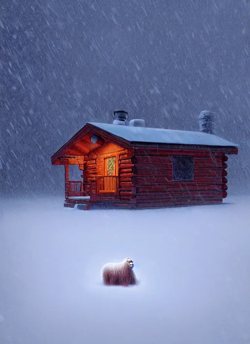 Prompt: a hyperrealism cabin in a snow storm with a yeti in the distance, vibrant color scheme, highly detailed, in the style of romanticism, cinematic, artstation, moebius, greg rutkowski