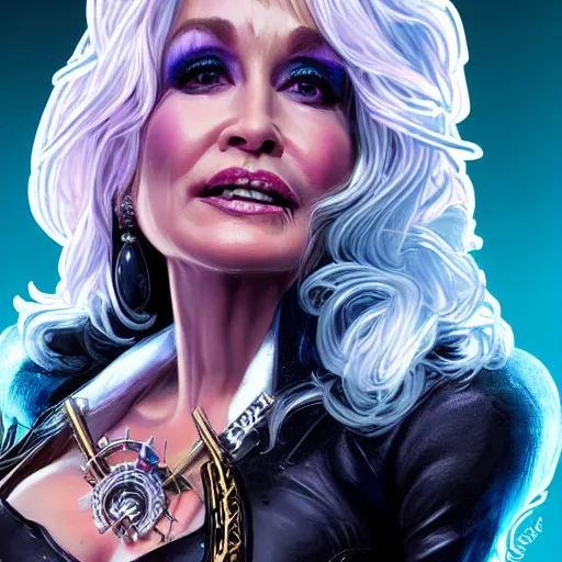 Image similar to closeup of Dolly Parton holding a pimp shotgun, cyberpunk 2077 setting, intricate, elegant, highly detailed, digital painting, artstation, concept art, matte, sharp focus, illustration, hearthstone, art by Artgerm and Greg Rutkowski and Alphonse Mucha