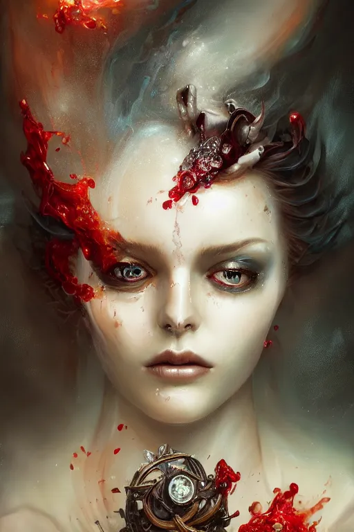 Image similar to beautiful model face covered with blood diamonds wearing fire velvet drowning in water, diamonds, angel, fantasy, dramatic lighting, highly detailed, digital painting, magic the gathering, hyper detailed, 3 d render, hyper realistic detailed portrait, peter mohrbacher, wlop, ruan jia