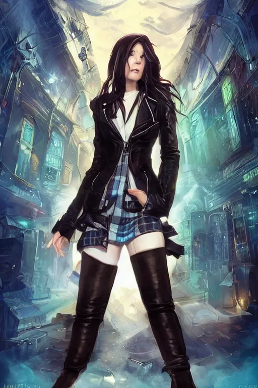 Prompt: the cover illustration of an urban fantasy book written by Brandon Sanderson starring a beautiful gorgeous college woman levitating wearing leather biker jacket, classic white button up, tartan mini skirt, surrounded by green and blue magical lightings overlays, high fantasy illustration, D&D style, sharp focus, by Artgerm, Greg Rutkowski and Rob Ross.