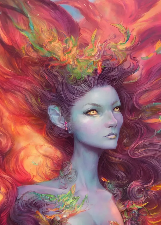 Prompt: a colorful and provenance illustrations painting of the fantasy female who with floral wing, highly detailed, her hair made of hair made of air wind and curling smoke, mist, dust, genie, spirit fantasy concept art, art by ketner and jeremiah, trending on artstation.