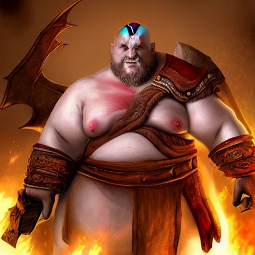 Image similar to morbidly obese god of war has like ten chins