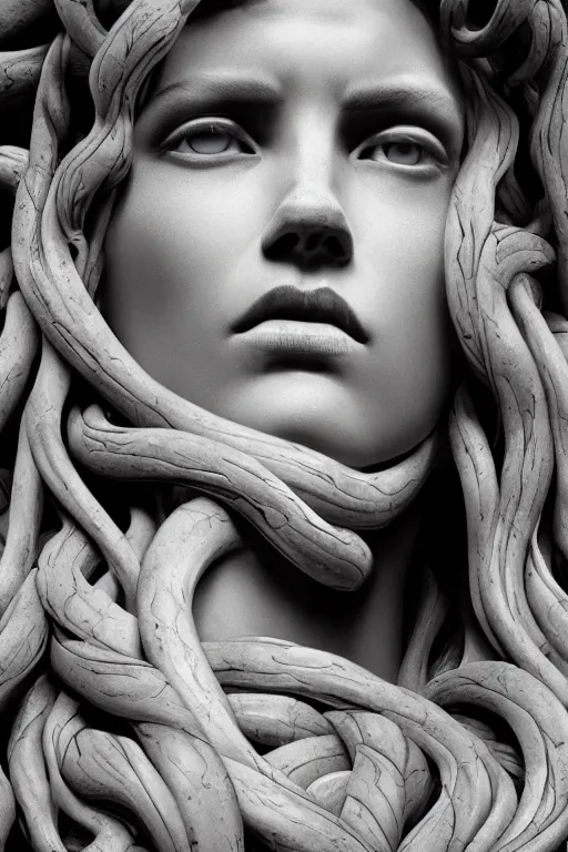 Image similar to A portrait of medusa as a black marble statue with white streaks by Greg Rutkowski, Sung Choi, Mitchell Mohrhauser, Maciej Kuciara, Johnson Ting, Maxim Verehin, Peter Konig, Bloodborne , 8k photorealistic, cinematic lighting, HD, high details, dramatic, atmospheric , trending on artstation