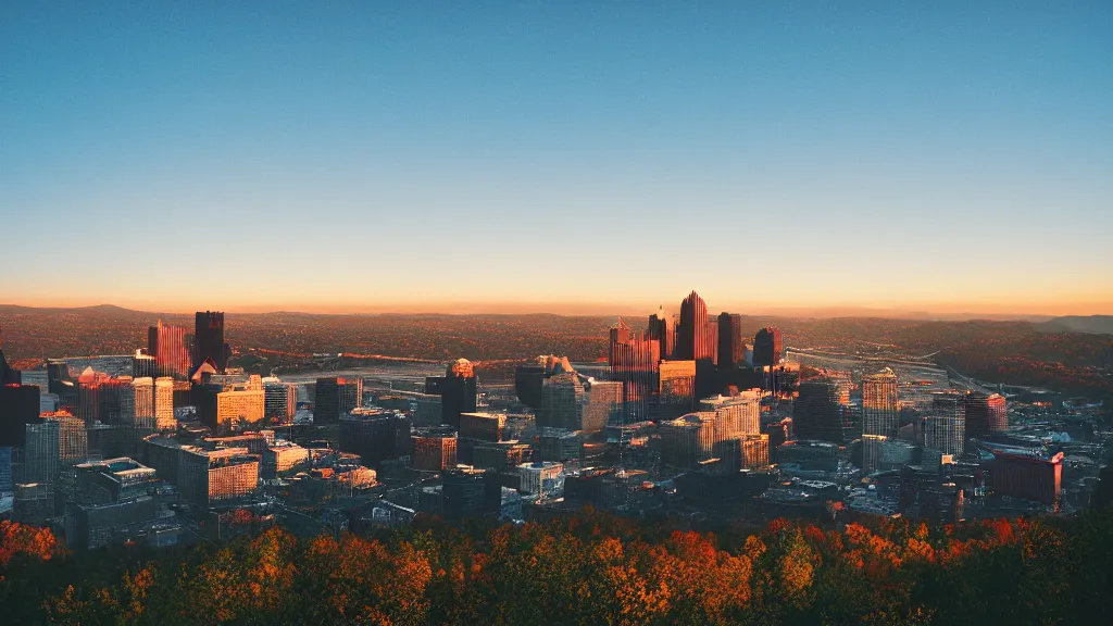 Image similar to Pittsburgh after the apocalypse, medium format photography taken from Mount Washington, Fuji sensia, 4k, golden hour