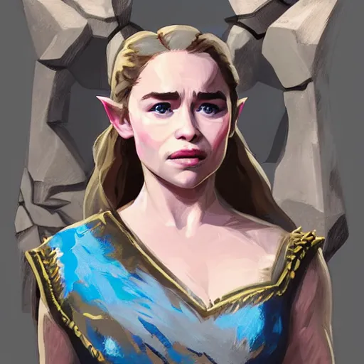 Image similar to emilia clarke in the art style of breath of the wild, dramatic lighting, digital art, intricate, highly detailed, matte painting, fine art