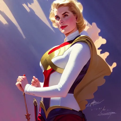 Image similar to Grace Kelly as Power Girl, western, D&D, fantasy, intricate, elegant, highly detailed, digital painting, artstation, concept art, matte, sharp focus, illustration, art by Artgerm and Greg Rutkowski and Alphonse Mucha