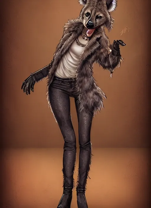Image similar to award winning beautiful portrait commission of a female furry anthro hyena fursona with a bushy tail and a leather jacket, in a rock bar, cute, beautiful, attractive, detailed,