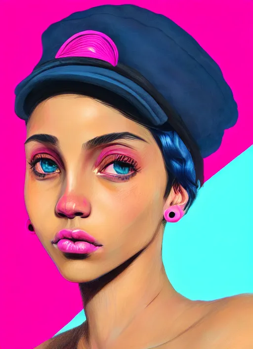 Image similar to portrait of teenage vanessa morgan with bright pink hair, black girl, curly pixie cut hair, wearing newsboy cap, pink short haircut, newsboy cap, hoop earrings, blue eyes, intricate, elegant, glowing lights, highly detailed, digital painting, artstation, concept art, smooth, sharp focus, illustration, art by wlop, mars ravelo and greg rutkowski