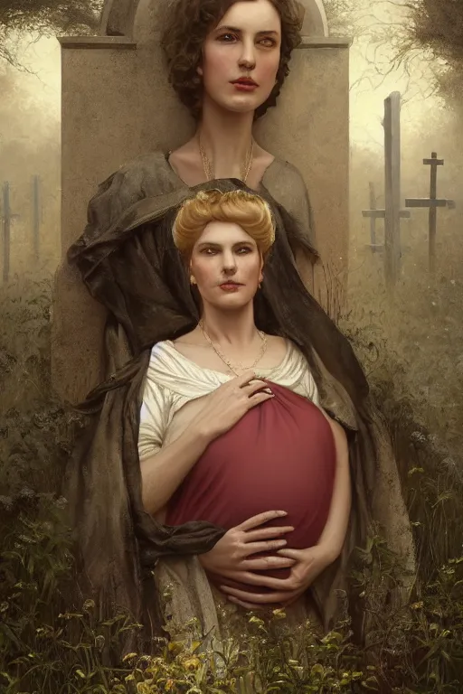 Image similar to portrait of a pregnant widow next to the grave, illustration, dramatic lighting, soft details, painting oil on canvas, art deco, octane render, HDR, 4k, 8k, HD, by Edmund Blair Leighton, Brom, Charlie Bowater, trending on artstation, faces by Tom Bagshaw, Sargent