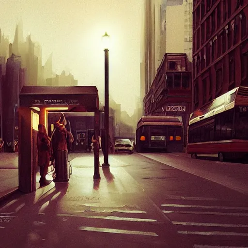 Prompt: dark city bus stop, by Caravaggio,very detailed,ArtStation