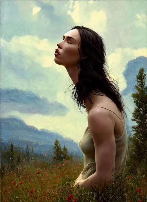 Image similar to megan fox kisses scarlet johansson countryside, calm, fantasy character portrait, dynamic pose, above view, sunny day, thunder clouds in the sky, artwork by jeremy lipkin and giuseppe dangelico pino very coherent asymmetrical artwork, sharp edges, perfect face, simple form, 1 0 0 mm