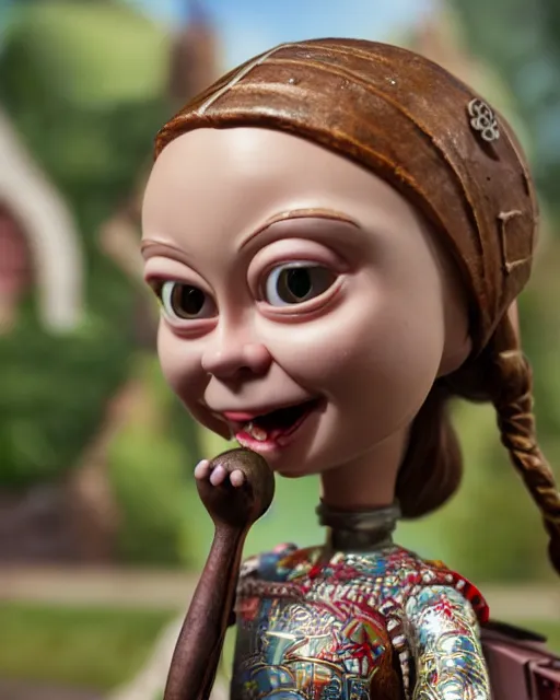 Image similar to highly detailed closeup, face profile portrait of a tin toy greta thunberg as a medieval goblin eating cakes in a castle, bikini, depth of field, nicoletta ceccoli, mark ryden, lostfish, dan decarlo, bob clampett, max fleischer, detailed and intricate environment, 8 k resolution, hyperrealistic, octane render