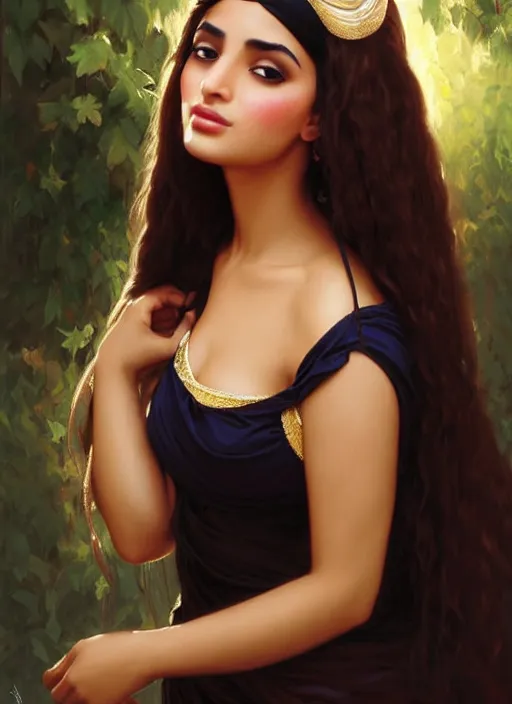 Prompt: beautiful arab woman with long black hair, tan skin, curvy hourglass figure, voluptuous round face, slight resemblance to ameera altaweel wearing a frilly disney princess dress headband, beautiful painting by artgerm and greg rutkowski lois van baarle and bouguereau