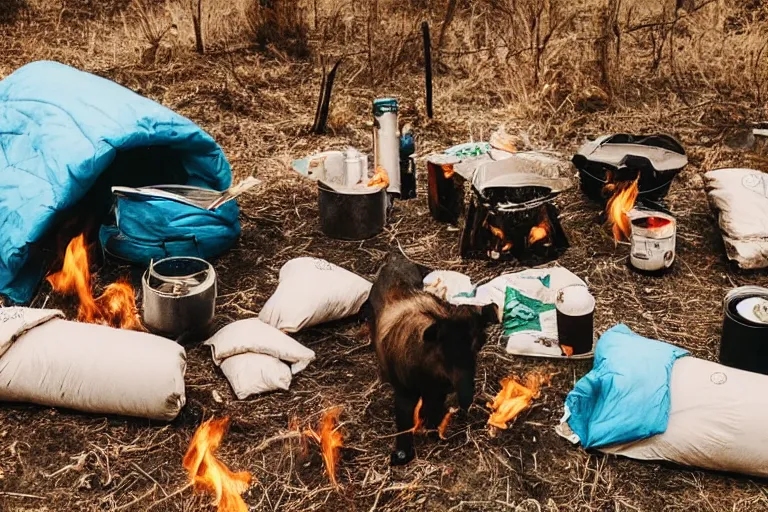 Prompt: outdoor camping with burritos as sleeping bags, bonfire, animals looking, fuji film, realistic