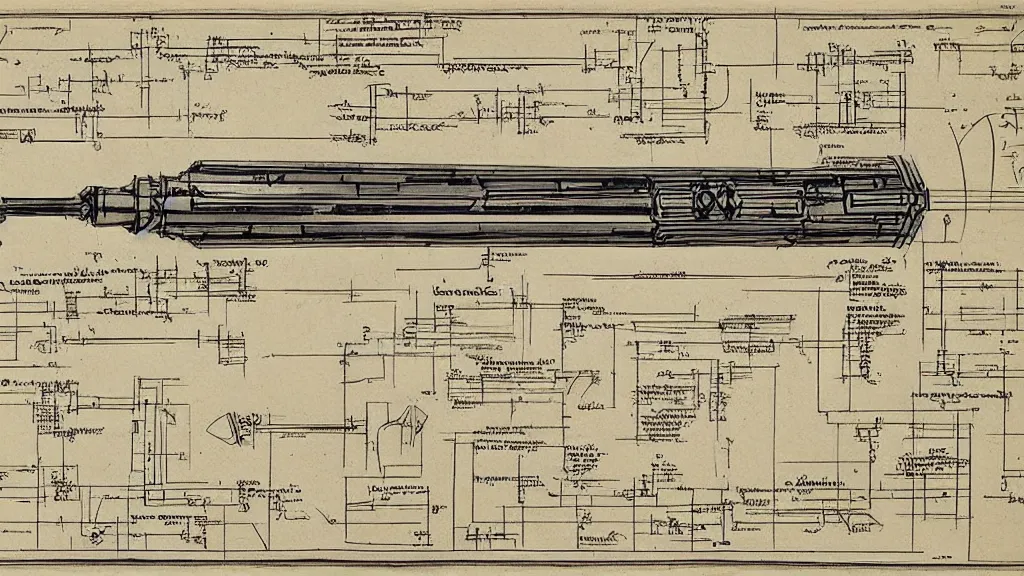 Prompt: renaissance blueprint of a lightsaber