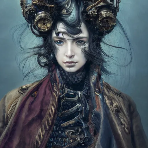 Image similar to portrait, headshot, insanely nice hair style, dramatic hair color, digital painting, of a old 17th century, old cyborg merchant, amber jewels, baroque, ornate clothing, scifi, realistic, hyperdetailed, chiaroscuro, concept art, art by Franz Hals and Jon Foster and Ayami Kojima and Amano and Karol Bak,