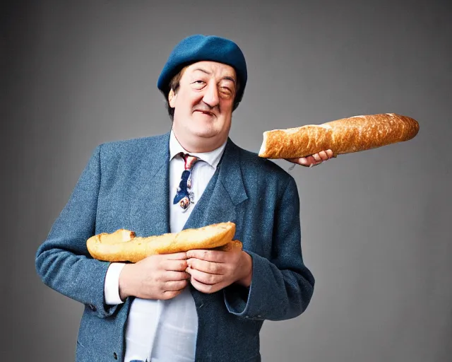 Prompt: stephen fry dressed like a stereotypical frenchman wearing a beret and holding a baguette, 8 5 mm f / 2. 4, photograph, color photo, paris