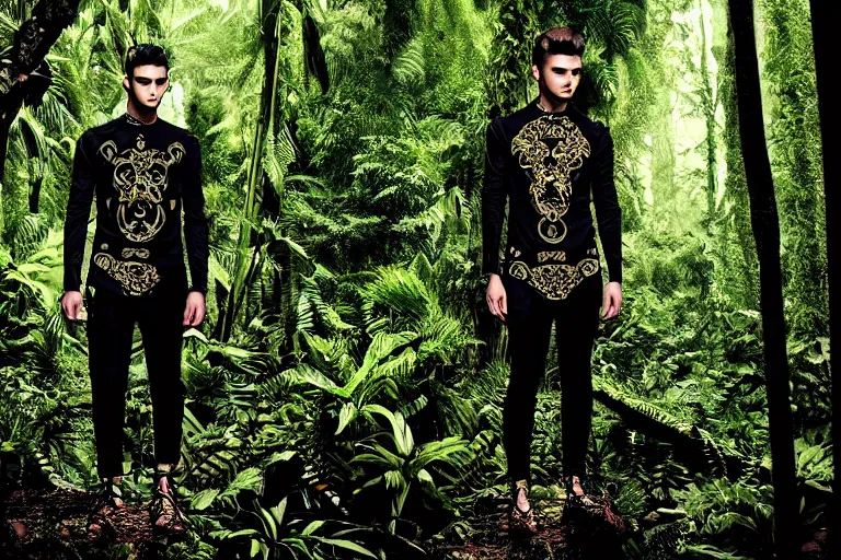 Prompt: versace avant garde male tunics intricate modern choatic textiles streetwear cyberpunk posing in the jungle woods cloudy overcast dark dramatic mysterious