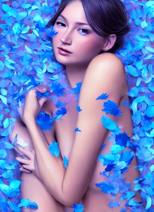 Image similar to gorgeous female full body sensual covered in translucent blue leaf and petals in the style of stefan kostic, cute - fine - face, dasha taran, backlit, refracted lighting, elegant, half body shot, 8 k, insanely detailed, intricate, art by stanley lau, artgerm, wlop, kuvshinov ilya,