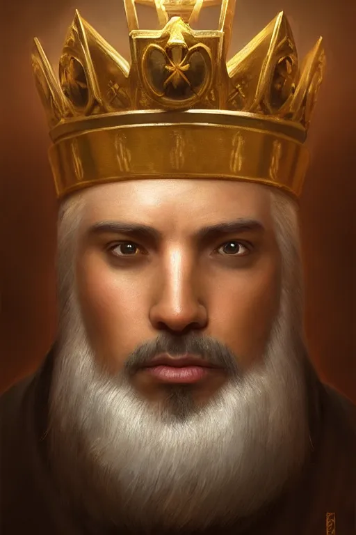 Prompt: a portrait of a powerful king, wide angle, super highly detailed, professional digital painting, artstation, concept art, smooth, sharp focus, no blur, no dof, extreme illustration, Unreal Engine 5, Photorealism, HD quality, 8k resolution, cinema 4d, 3D, beautiful, cinematic, art by artgerm and greg rutkowski and alphonse mucha and loish and WLOP
