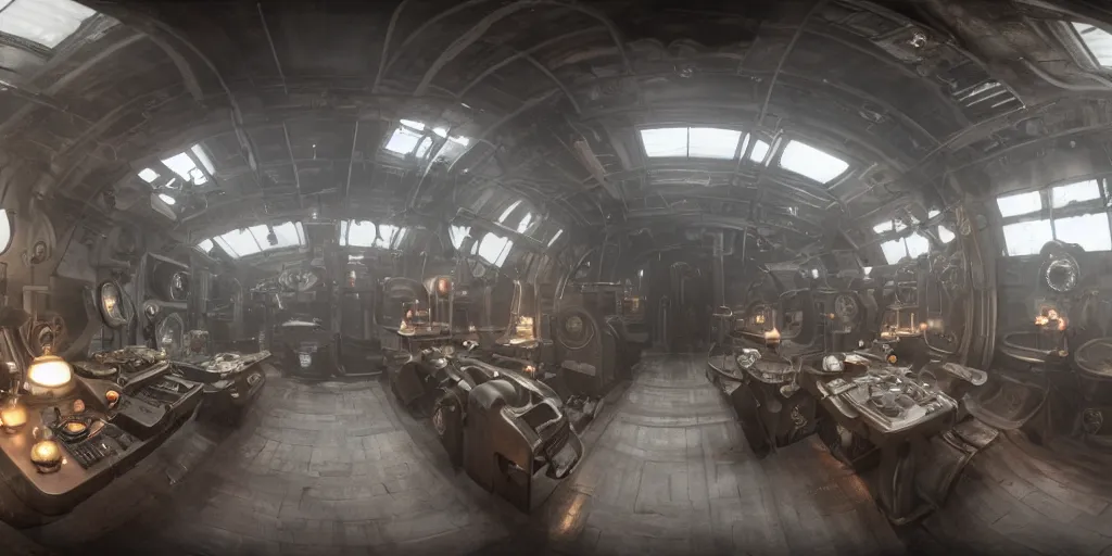 Image similar to 3 6 0 x 1 8 0 hdri panorama of a dieselpunk submarine interior set design, cinematic lighting, color contrast, arri alexa, anamorphic bokeh, professional lighting, 4 k, photographed by erik johansson, graded with davinci resolve