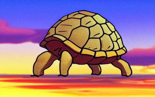 Image similar to an island with a giant castle on top held up by the shell of a giant turtle in the ocean, sunset, drawn by hayao miyazaki, hi res, 4k