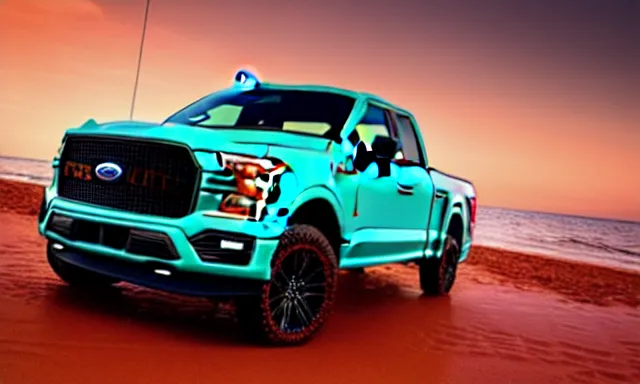 Prompt: Ford F150 Green Blue Ombre 2022 Truck on a Red Sand Beach, nebula sunset