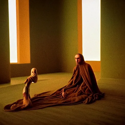 Prompt: colour aesthetic highly detailed photography scene arakis from dune ( 2 0 2 1 ) by alejandro hodorovski and denis villeneuve and gregory crewdson style characters with very highly detailed faces. with many details by andrei tarkovsky and caravaggio in sci - fi style. volumetric natural light hyperrealism photo on leica m - a kodak portra 4 0 0