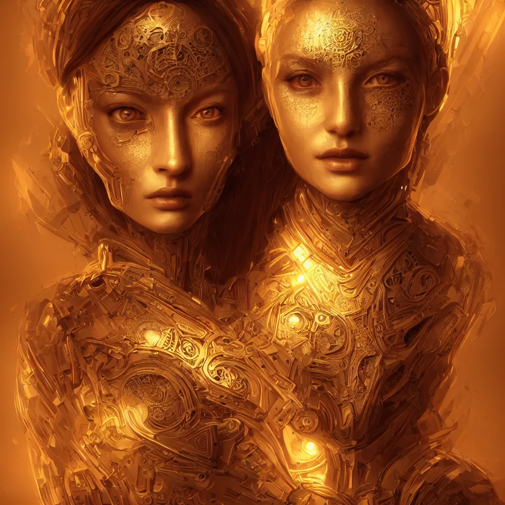 Prompt: face portrait android woman time machine beautiful symmetrical face axonometric mechanical fantasy intricate elegant highly detailed in volumetric void of latent space, golden steampunk, high contrast cinematic light, mystical shadows, digital painting, smooth, sharp focus, divine realm of gods, octane render, photographic, concept art, artist leonardo davinci, unreal engine 8 k