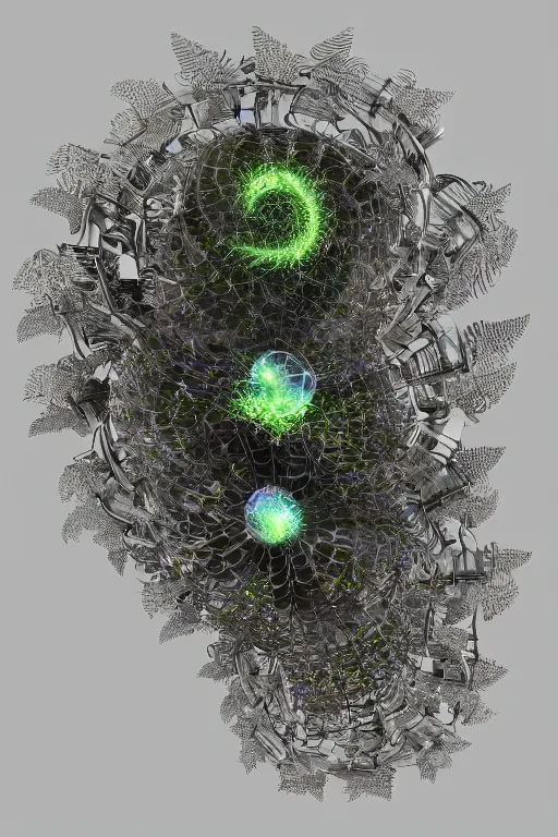 Image similar to a recursive spiral fractal made of scrap metal and glowing sphrerical gemstones and leaves and feathers, 3 d, trending on artstation, octane render, 8 k