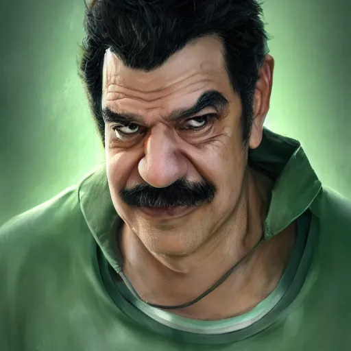 Prompt: hyper realistic, realistic - anime, 4 k, 8 k, pixiv, artstation, portrait, beautifully rendered, luis guzman as luigi wearing green, smirking deviously, nintendo's luigi, luigi's nose, painted by greg rutkowski, wlop, artgerm, dishonored 2,