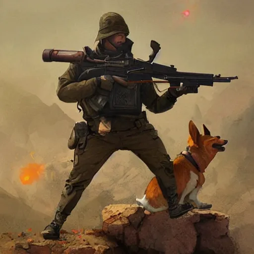 Image similar to a corgi shooting an ak 4 7 geog darrow greg rutkowski