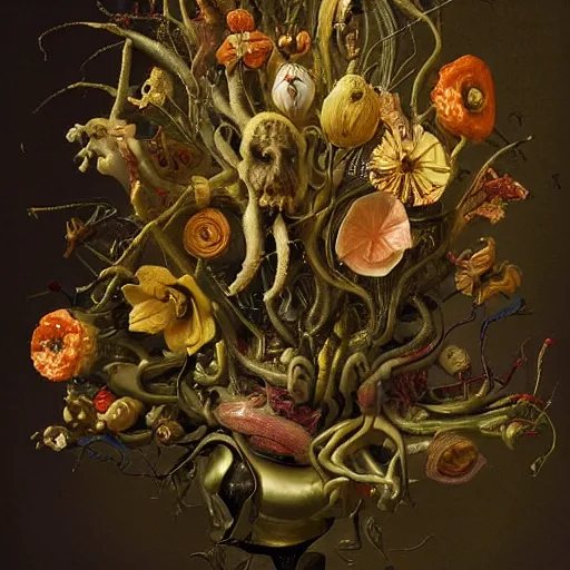 Image similar to disgusting disturbing dutch golden age bizarre mutant flower floral still life with many human toes realistic human toes blossoming everywhere insects very detailed fungus tumor disturbing tendrils bizarre slimy forms sprouting up everywhere by rachel ruysch christian rex van minnen black background chiaroscuro dramatic lighting perfect composition high definition 8 k 1 0 8 0 p